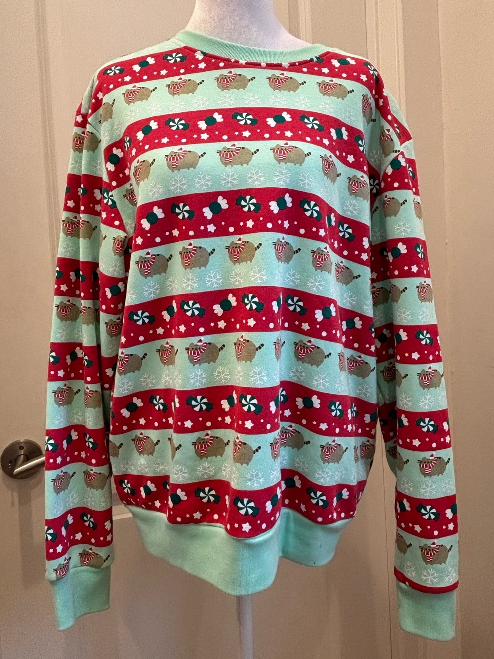 EUC Pusheen Mint & Red Holiday Stripe Sweater - Festive Crewneck- M
